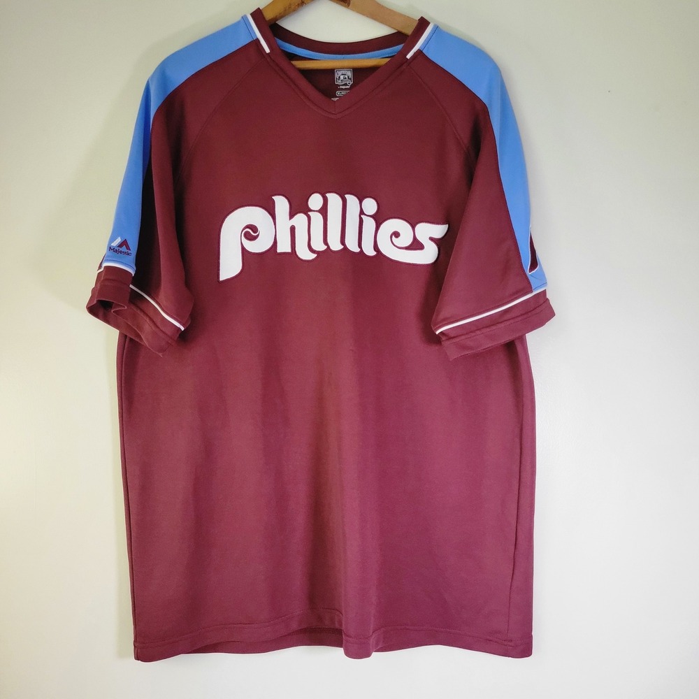 Majestic Cooperstown Collection Philadelphia Phillies Jersey Maroon Blue Mens XL